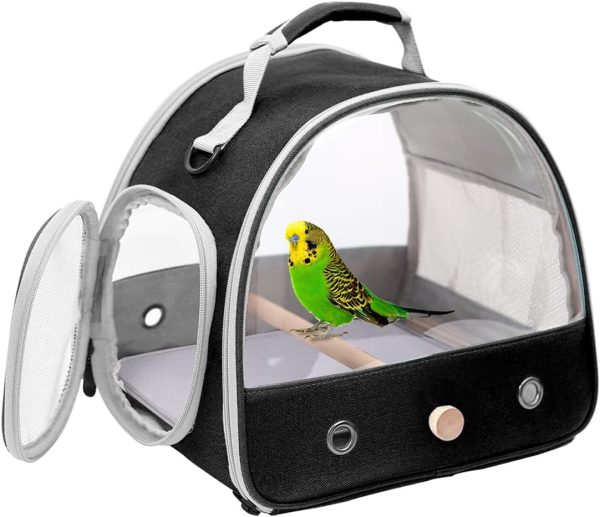 Bird Carrier, Portable Small Bird Parrot Parakeet Carrier with Standing Perch and Stainless Steel Tray, Side Access Window Collapsible (Black, Clear Windows)