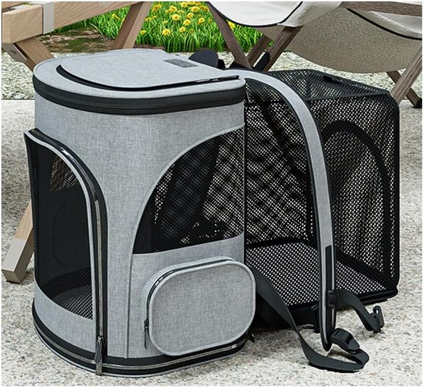 Cat Carrier Backpack, Expandable Pet Carrier with Sun Shade ，Oxford Canvas Material,Breathable Mesh Backpack for Small Dogs, Medium Cats, for Traveling, Hiking, Camping (Grey)