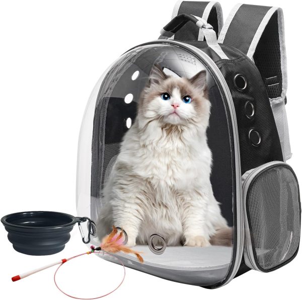 Large Cat Backpack Carrier with Folding Bowl and Teaser Stick for Cats up to 20lbs with Ventilation and Padded Straps Mochila para Gatos transportadora  (Black)