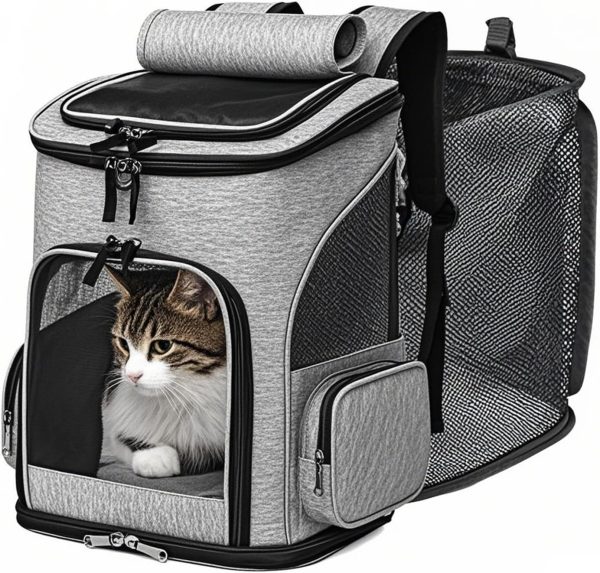Cat Carrier Backpack, Airline Approved Expandable Pet Carrier, Breathable Mesh Backpack for Small Dogs & Medium Cats Hiking Camping Travel (Gray)