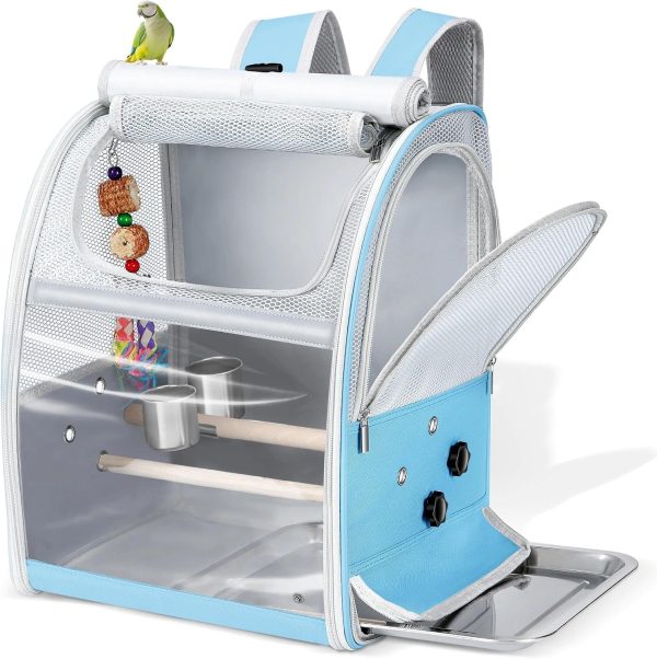 Bird Carrier Backpack with 2 Adjustable Perches, Water-Repellent Parrot Travel Cage with Stainless Steel Tray, Breathable Pet Carrier for Cockatiels, Conures and Vet Visits, Blue